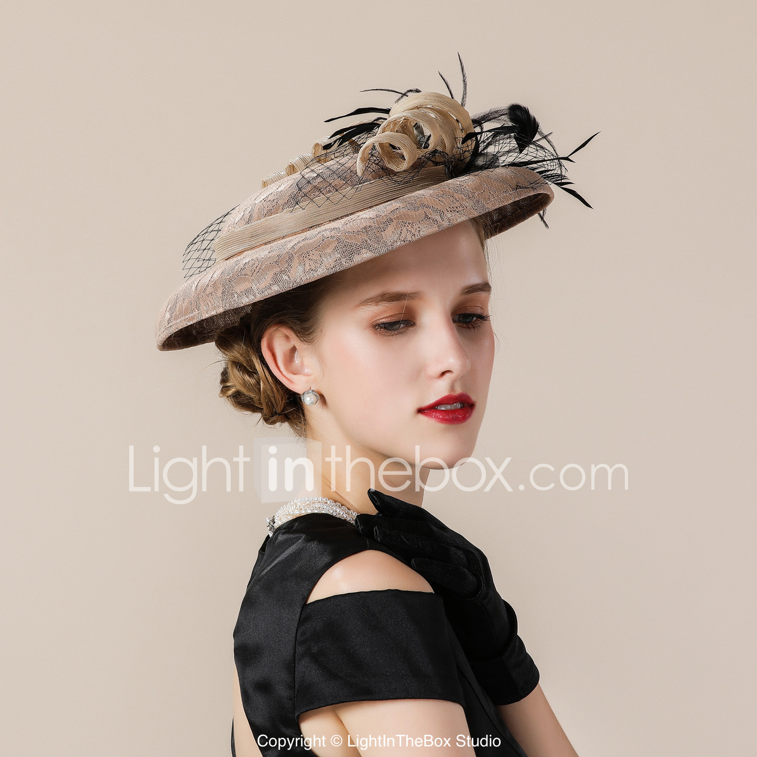 Flax Velvet Flocked Hats With Feather Lace Trimmed Bottom 1 Flax Velvet Flocked Hats With Feather Lace Trimmed Bottom 1 Piece Wedding Party Evening Headpiece 06909536