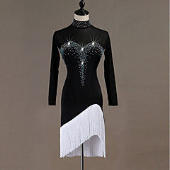 Dança Latina Vestidos Mulheres Espetáculo Elastano Mocassim / Cristal / Strass Manga Longa Vestido Dança Latina Vestidos Mulheres Espetáculo Elastano Mocassim / Cristal / Strass Manga Longa Vestido