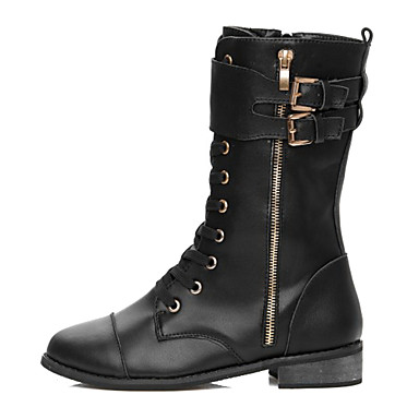 Leather Low Heel Combat Mid-calf Boots With Lace-up And Zipper 888027 ...