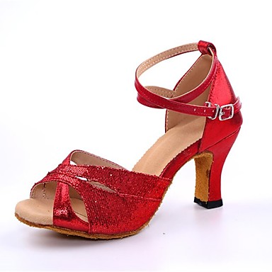 Women's Latin Shoes Paillette Heel Sparkling Glitter / Buckle Cuban Heel Dance Shoes Silver / Red / Blue / Professional Women's Latin Shoes Paillette Heel Sparkling Glitter / Buckle Cuban Heel Dance Shoes Silver / Red / Blue / Professional