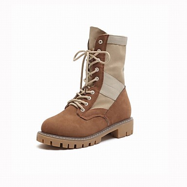 Combat boîtes mollet Randonnée Tissu de Bottes Marron Femme Talon Mi Chaussures Beige Bottier 06450889 Cuir