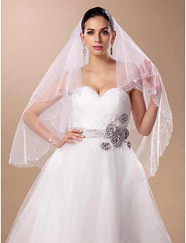 Wedding Veil Two-tier Fingertip Veils Tulle White Ivory A-line, Ball 