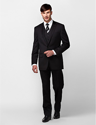 Black Solid Colored Tailored Fit Wool Polyester Suit - Slim Peak Single ...