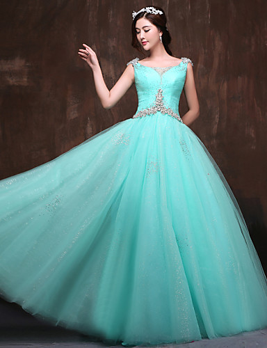 Ball Gown Scoop Neck Floor Length Satin Tulle Formal Evening Dress with ...