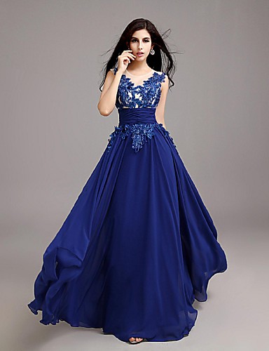 A-Line Illusion Neck Floor Length Chiffon / Floral Lace See Through ...