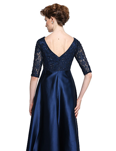 A-Line Bateau Neck Floor Length Lace Stretch Satin Mother of the Bride ...